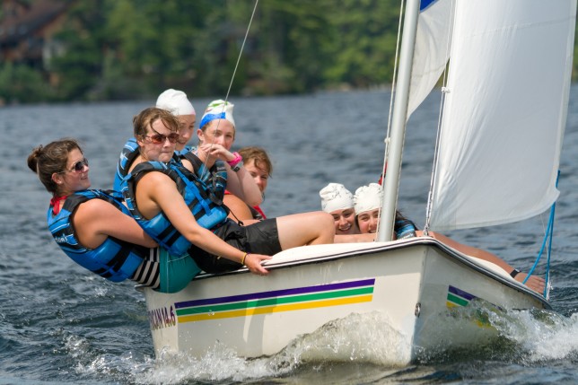 201007173003 Campers leaning to one side of their sail boat